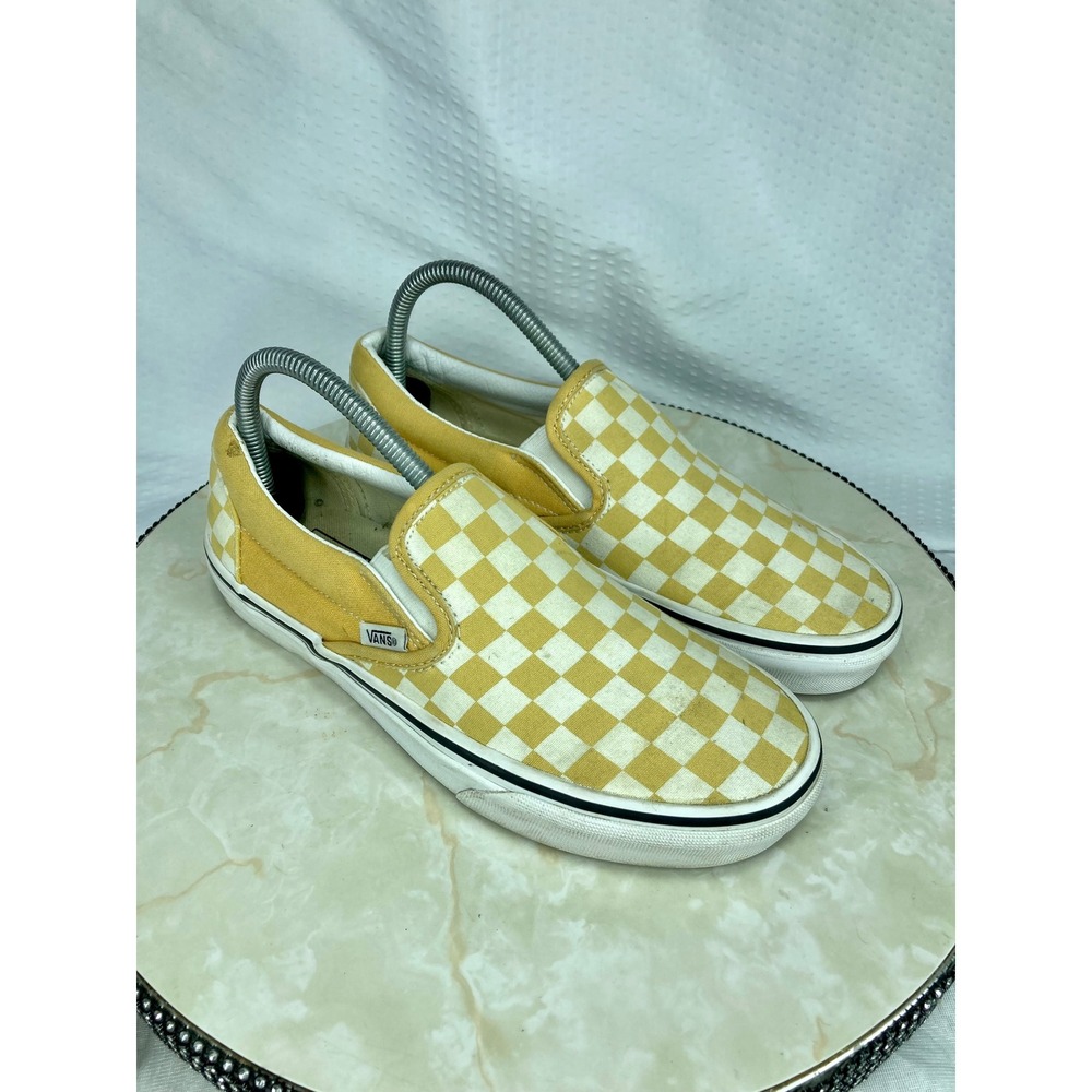 Vans Checkerboard Classic Slip-On Sneakers Women 8.0 Yellow White Canvas Shoes